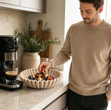 A man picking a coffee pod from a decorative bowl next to a modern espresso machine.