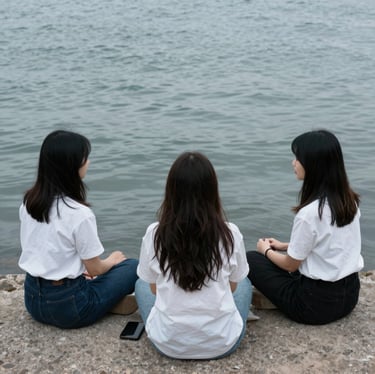 3 women sitting by the water in a circle