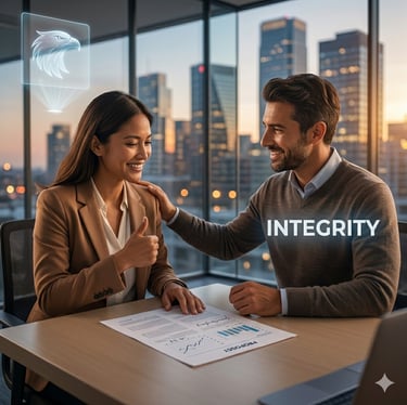 Professional business colleagues demonstrating integrity and success in a modern city office.