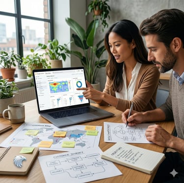 Two marketing professionals analyzing website data and a customer journey map on a laptop.