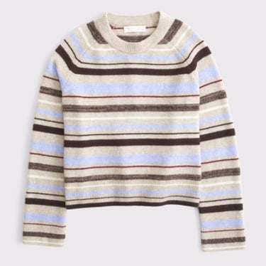 Women's crew neck horizontal striped knit sweater with neutral and light blue tones from abercrombie