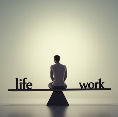 Man sitting on a work life balance scale