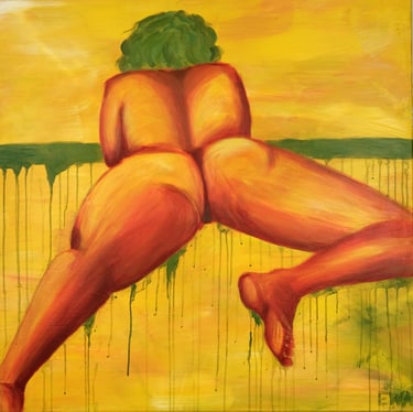naked woman painting in yellow and green