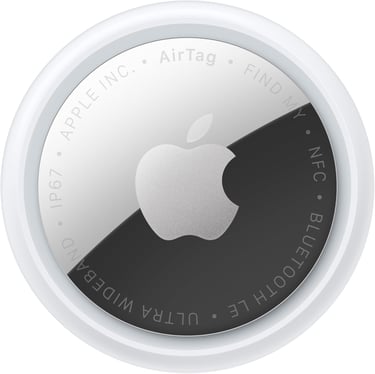 White and silver Apple AirTag tracking device with logo, Bluetooth, and NFC details.