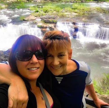 Rock Island Park, TN - Mom & daughter in front of Great Falls, a wide "U" shaped waterfall