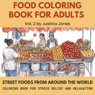Book cover of food coloring book with a street vendor