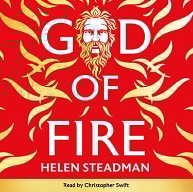 A bearded Greek god emerges from golden flames on a scarlet background.