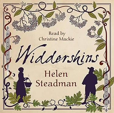 A young woman faces a witchfinder. Dark purple silhouettes on a flesh-coloured background.
