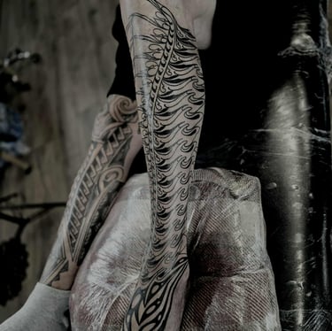 Unique line work tattoo on lower leg