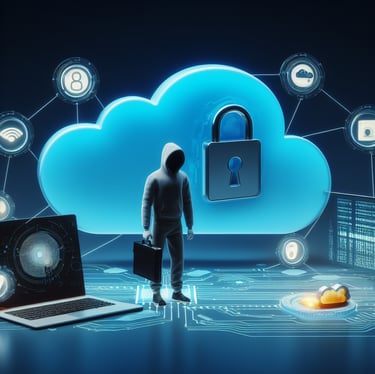 a person standing in front of a cloud with a laptop and a laptop