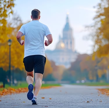Nell'immagine si vede un uomo che corre lungo un viale alberato