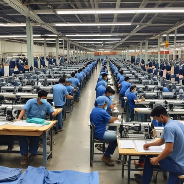 Close-up of a pair of blue denim jeans highlighting the texture and stitching. The focus is on the waistband, button, and a front pocket. The fabric appears sturdy with a slightly faded look.