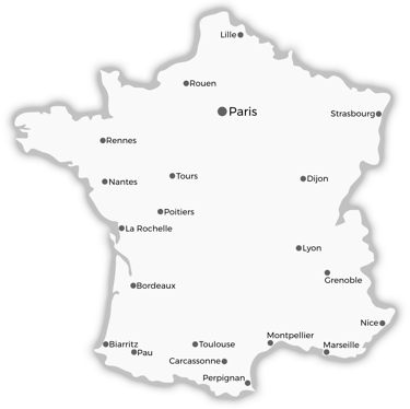Map of France with major towns and cities labelled