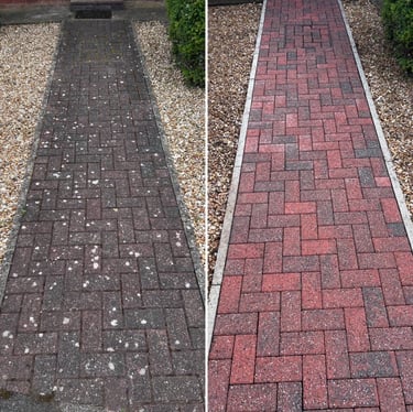 Cleaned block paved path in Lincoln. After pressure washing, weed & moss removal, finally treated