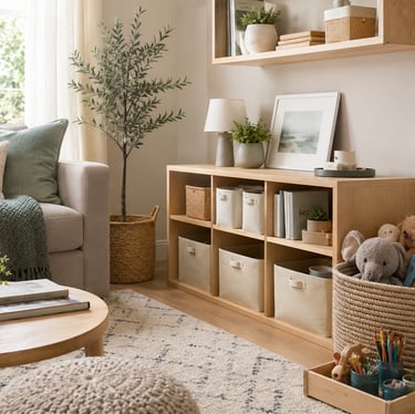 Modern neutral living room featuring a wooden cube storage unit with organized fabric bins and children's toys.