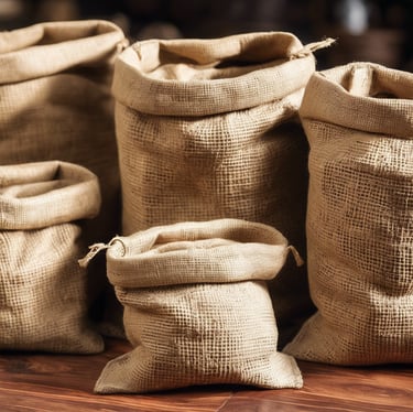 a pile of bags of coffee beans and coffee beans