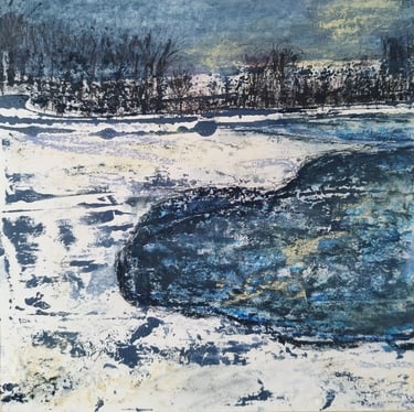 Bewl Water in Winter. 20 x 20 cm. Acrylic, soft pastel and ink on wooden panel. £70