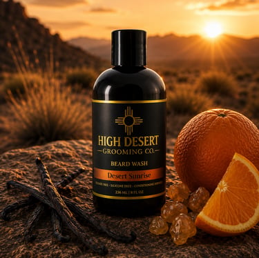 High Desert Grooming Co. beard wash bottle with vanilla beans and oranges at sunrise.