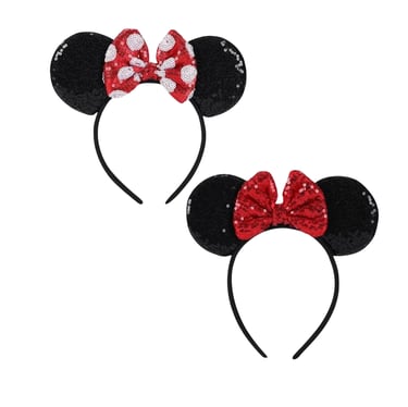 Two pairs of black sequin mouse ears headbands with red polka dot and solid red bows. $9.95