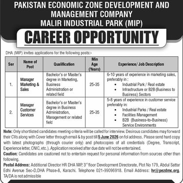 Job advertisement for Manager roles at Malir Industrial Park by Pakistan Economic Zone Development.