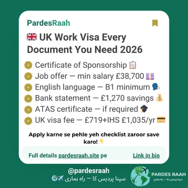 Infographic listing 2026 UK work visa document requirements including sponsorship and salary criteria.