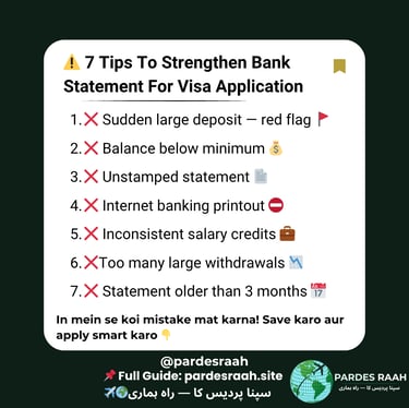 Infographic showing 7 tips to strengthen a bank statement for a visa application to avoid common mistakes.