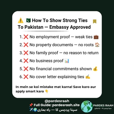 Infographic showing how to prove strong ties for a Pakistan visa application with embassy tips.