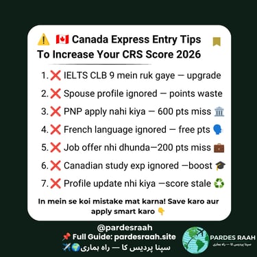 Infographic listing Canada Express Entry tips to increase CRS score in 2026, featuring immigration advice on IELTS and PNP.
