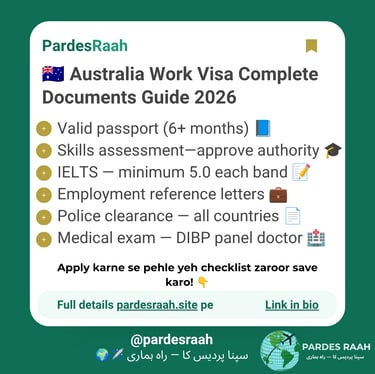 Checklist of required documents for an Australia Work Visa in 2026 including IELTS and skills assessment.