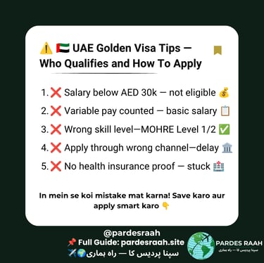 Infographic showing UAE Golden Visa tips, eligibility criteria, and application mistakes to avoid for residents.