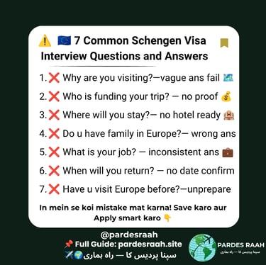 List of 7 common Schengen Visa interview questions and answers for travel planning and preparation.