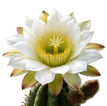 A white night-blooming Huachuma cactus flower in full bloom, with a yellow center.