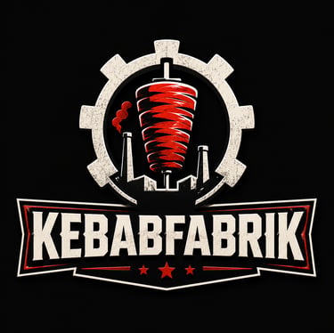 Kebabfabrik logo featuring a red doner kebab spit inside a white industrial gear with factory smokestacks.