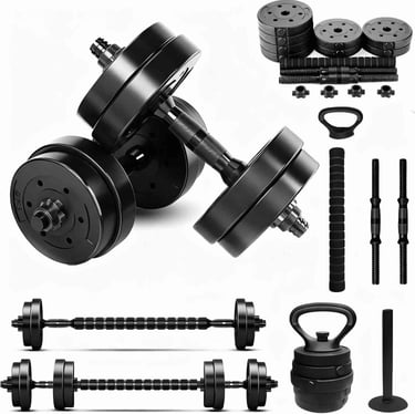 Kit de halteres ajustáveis 20kg com barra conectora e opção de kettlebell para musculação residencia