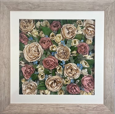 a photo of a flower wall style preserved wedding bouquet in a frame