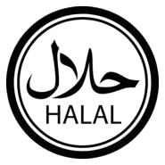 Halal certification logo in Arabic and English, indicating food complies with Islamic dietary laws.