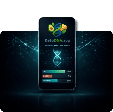Smartphone displaying a Keto DNA app with personalized macronutrient ratios for fat, carbs, and protein.