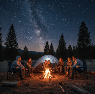 a group of people sitting around a campfire