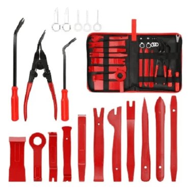 Professional car trim removal tool kit with pry bars and pliers in a red storage case.