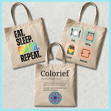 trio of tote bags with coloring related images and phrases