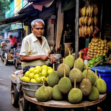 An Indian durian seller on the streets of Little India in Singapore