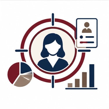 Icon featuring a customer profile silhouette inside a target with data points and demographic symbol