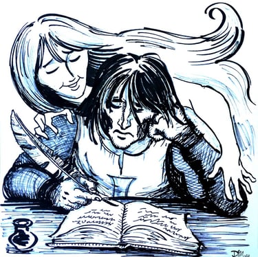 Un templier écrivant, inspiré par une muse.