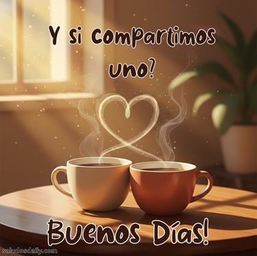 Ilustración cálida de dos tazas de café colocadas muy cerca sobre una mesa de madera, con luz suave 