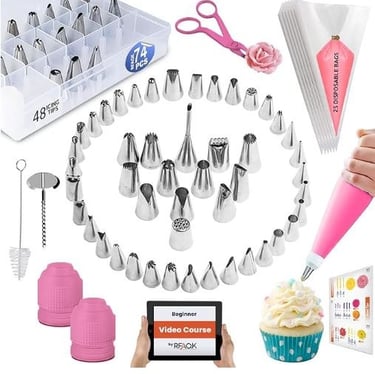 RFAQK 74 PCs Icing Piping Bags and Tips Set, Cake Decorating Kit with 48-Numbered Piping Tips, 20+1 