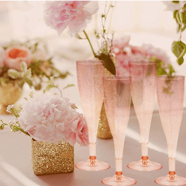 Homy Feel Rose Gold Glitter Plastic Rose Gold Wine Glasses 30 Pack,6.5 OZ Champagne Flutes Disposabl