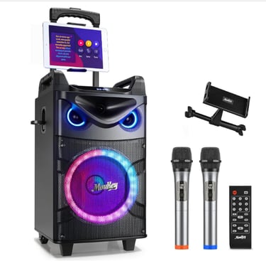 Moukey Karaoke Machine, 10" Woofer Portable PA System, Bluetooth Speaker with 2 Wireless Microphones