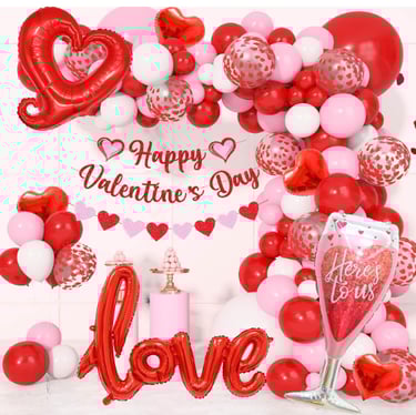 Valentines Day Balloons Arch Garland Kit, Pink and Red Balloons Heart LOVE Goblet Foil Balloons