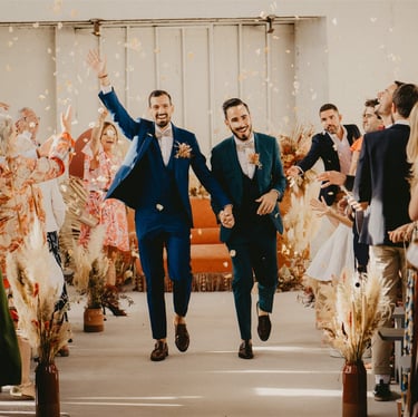 Gay couple just married walking down the aisle — editorial wedding photographer South of France