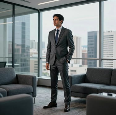 A sophisticated South American / Brazilian professional in a tailored suit standing in a modern office with large glass windows overlooking a city skyline. The interior features Dark Slate Grey and Muted Blue-Grey furniture. High-end, polished photography with natural lighting, reflecting contemporary elegance.